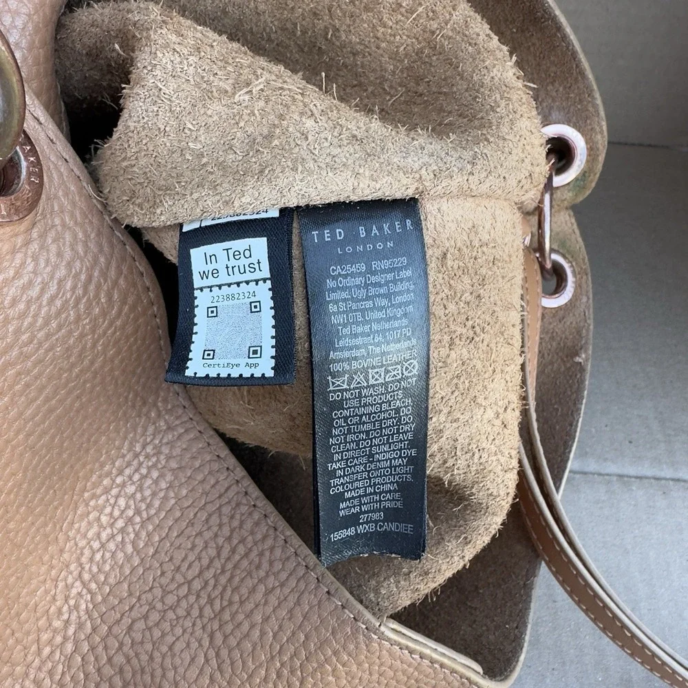 Ted Baker London Leather Pebbled Tote Bag w/ Detachable Pouch Tan Brown